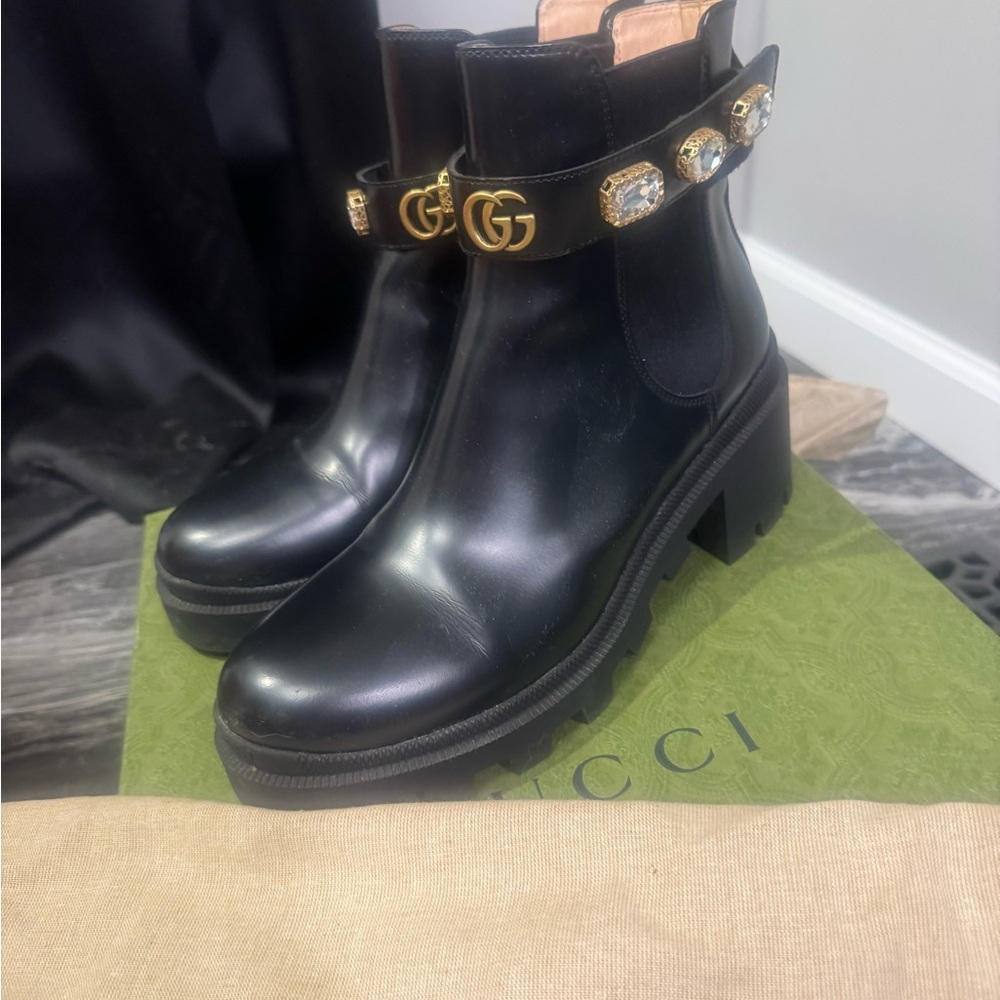 Gucci Black Ankle Boots with Gold Crystal Embellishments - Picture 3 of 6